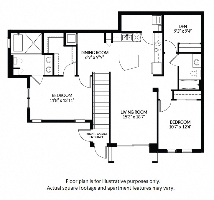 Floor plan for 2 beds, 2 baths, 1360 sqft